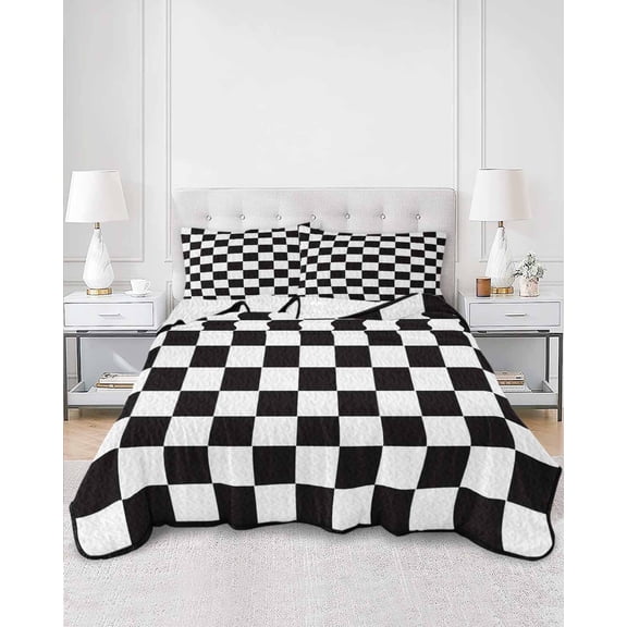 Quilts Twin XL Size, Simple Black White Checkered Soft Comforter Bedding Set for Bed, Lattice Buffalo Plaid Lightweight Quilted Bedspread with Pillow Cover(2 Pieces) for All Season, 68x98 Inch