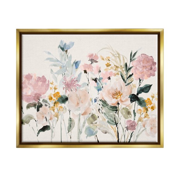 Stupell Industries Pastel Spring Flowers Botanical & Floral Painting Gold Floater Framed Canvas Art Print Wall Art, 21 x 17