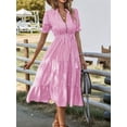 thumbnail image 5 of Women'S Summer Ruffle Puff Sleeve Dress Short Sleeve V Neck High Waist Casual Loose Striped Midi Dresses Pink M, 5 of 6