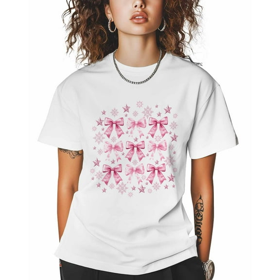 T Shirts for Women Short Sleeve Cotton Crewneck T-Shirt, Christmas Pink Bow Tie Snowflake Tee Tops Casual Basic T-Shirts, XS-5XL White L