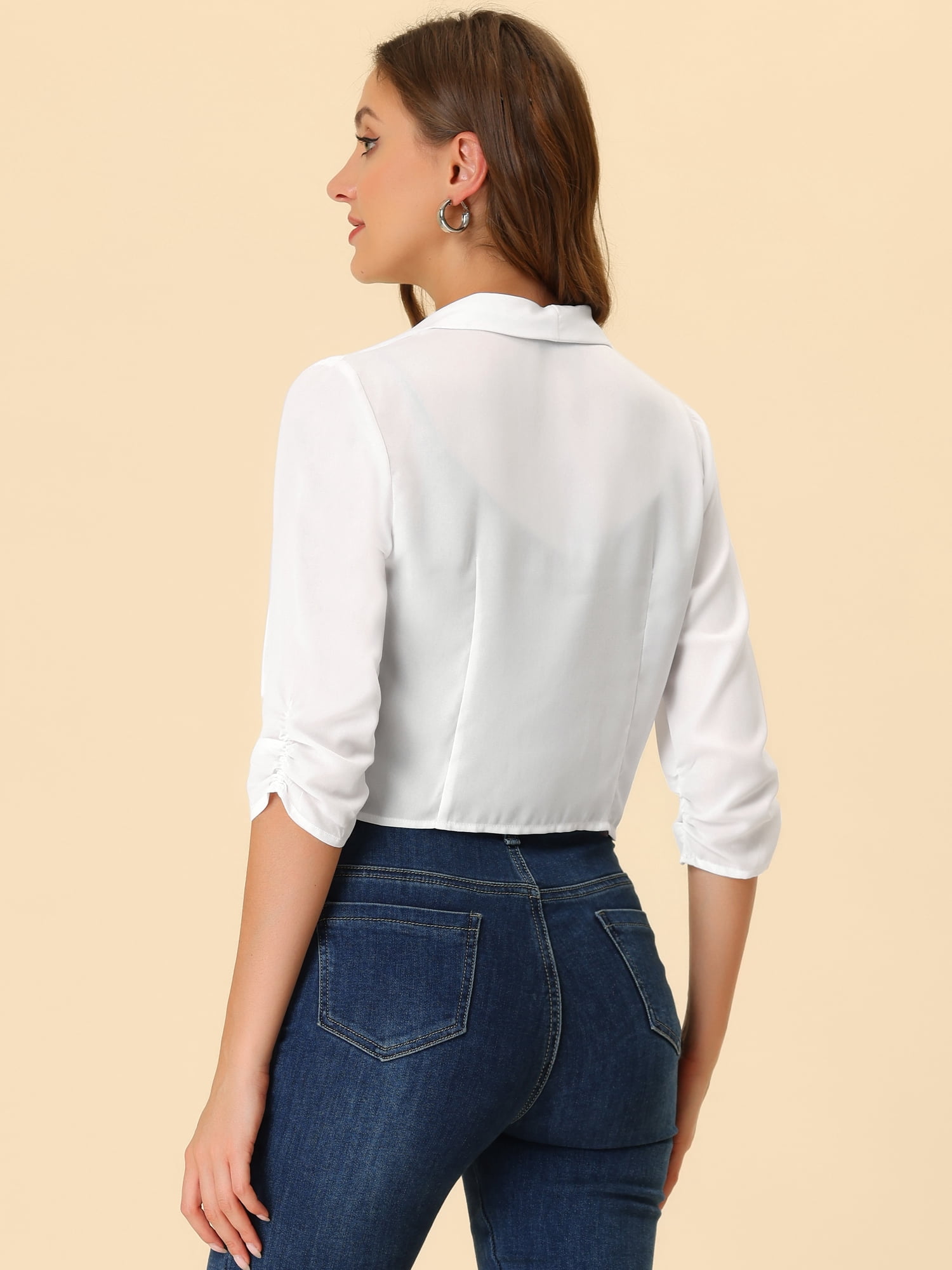 Unique Bargains Women's Chiffon Bolero Shrug Blazer 3/4 Ruched Sleeve Cardigans M White