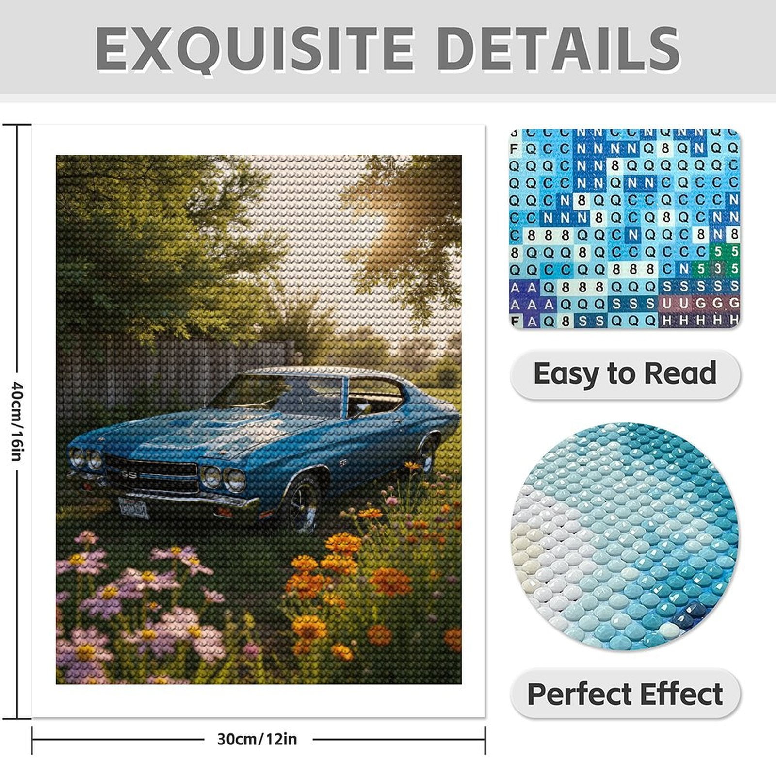 Diamond Art Kit for Adults, Vintage Car Among Summer Blooms Diamond Painting for Adults Beginners, 5D DIY Diamond Art Painting Kits, Colorful Diamond Painting Craft for Home Decor 12x16
