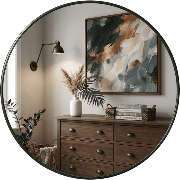 Youmation 16 Inch Black Round Mirror for Bathroom Vanity, Metal Frame Wall Mirror with Screws and Adhesive Hook, Modern Circle Mirror for Bedroom Living Room Home Decor