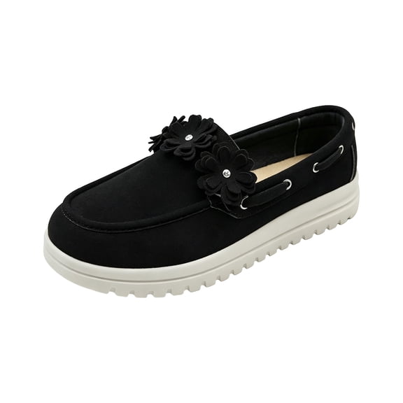 P-071 Black Floral Loafers For Women Casual Comfortable Slip On Round Toe Pu Flat Shoes For Office Walking Party