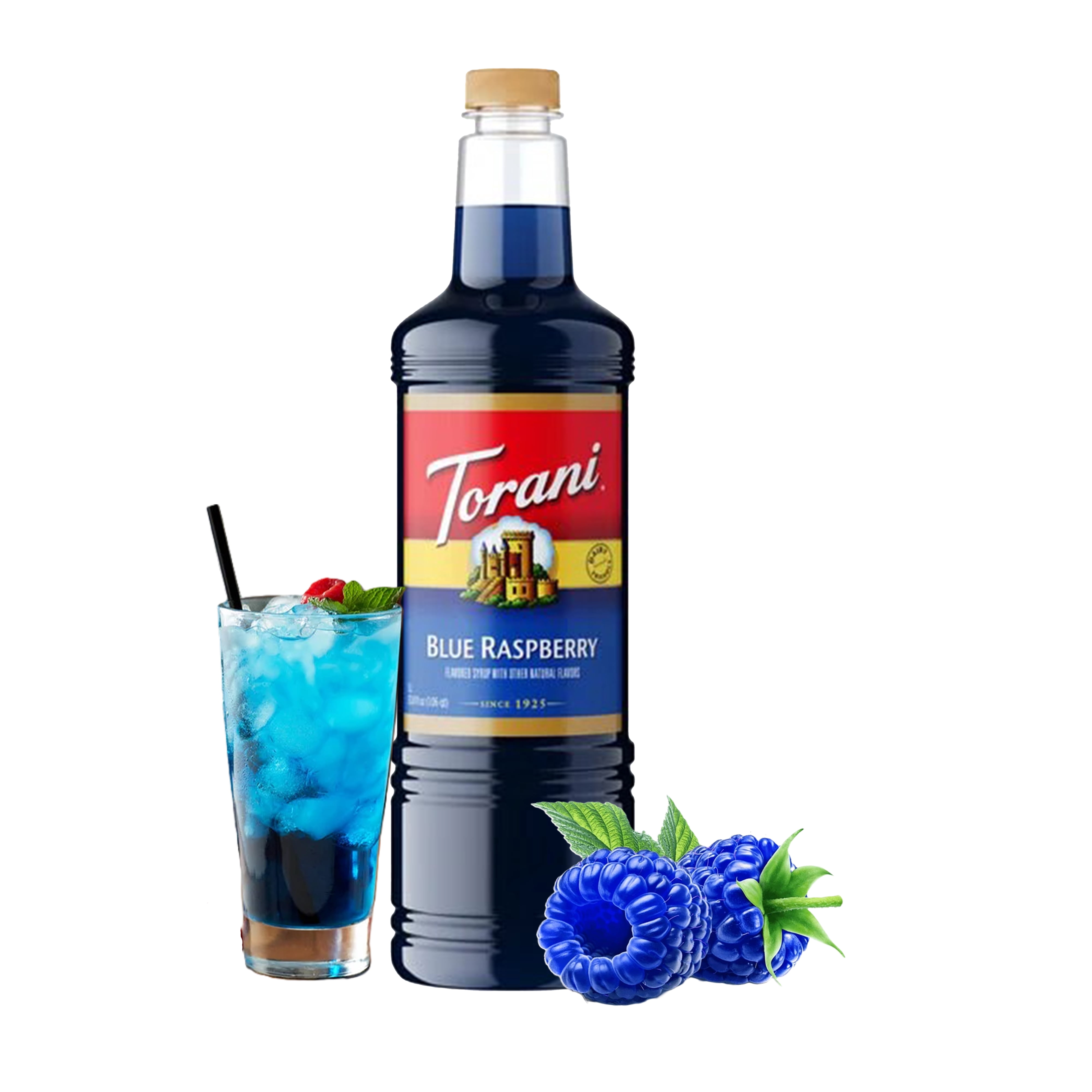 Torani Blue Raspberry Flavored Syrup, 1 Liter Plastic Bottle + Gold Syrup Pump