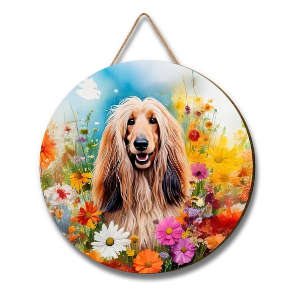 Welcome Spring Summer Afghan Hound Portrait Flower Blue Sky Round Wood Sign Dog Lover Hanging Wall Home Decor - 12001