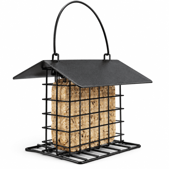 RAIRSKY Suet Bird Feeders for Outdoors Hanging,All Metal Bird Suet Cakes Cage Holder with Weatherproof Roof&Perch for Garden,Easy to Refill&Clean,Attract Woodpeckers,Chickadees,Nuthatches,Black