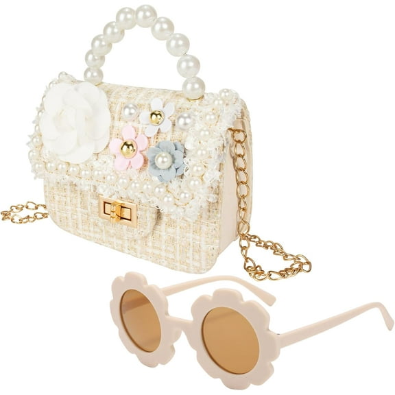 BTEPSGA Crossbody Purse with Pearl Flowers Mini Cute Princess Handbags Shoulder Chain Bag, Beige