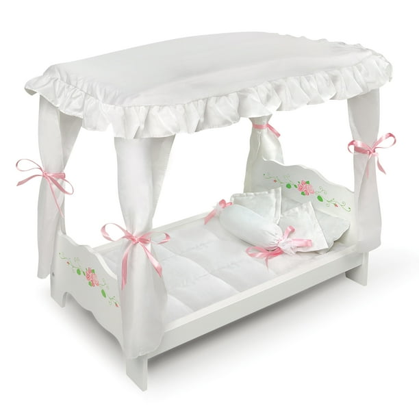 Badger Basket Canopy Doll Bed with Bedding White Rose Fits American