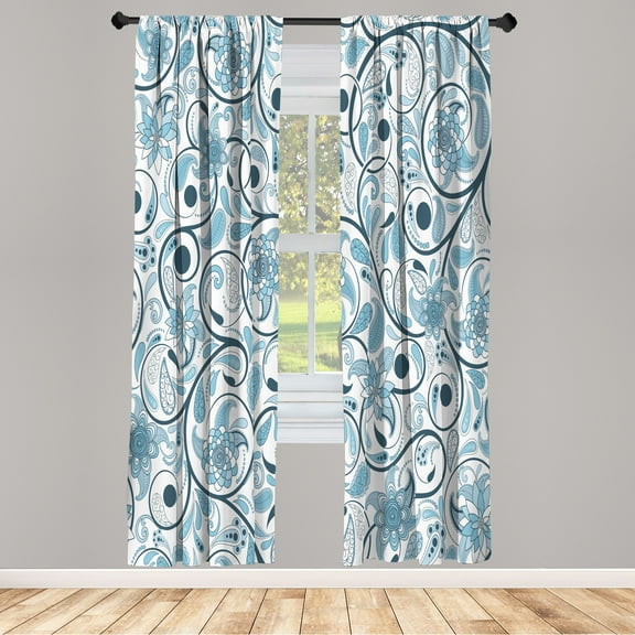 Ambesonne Vintage Curtains, Leaves with Eastern Design, Pair of 28"x84", Petrol Blue