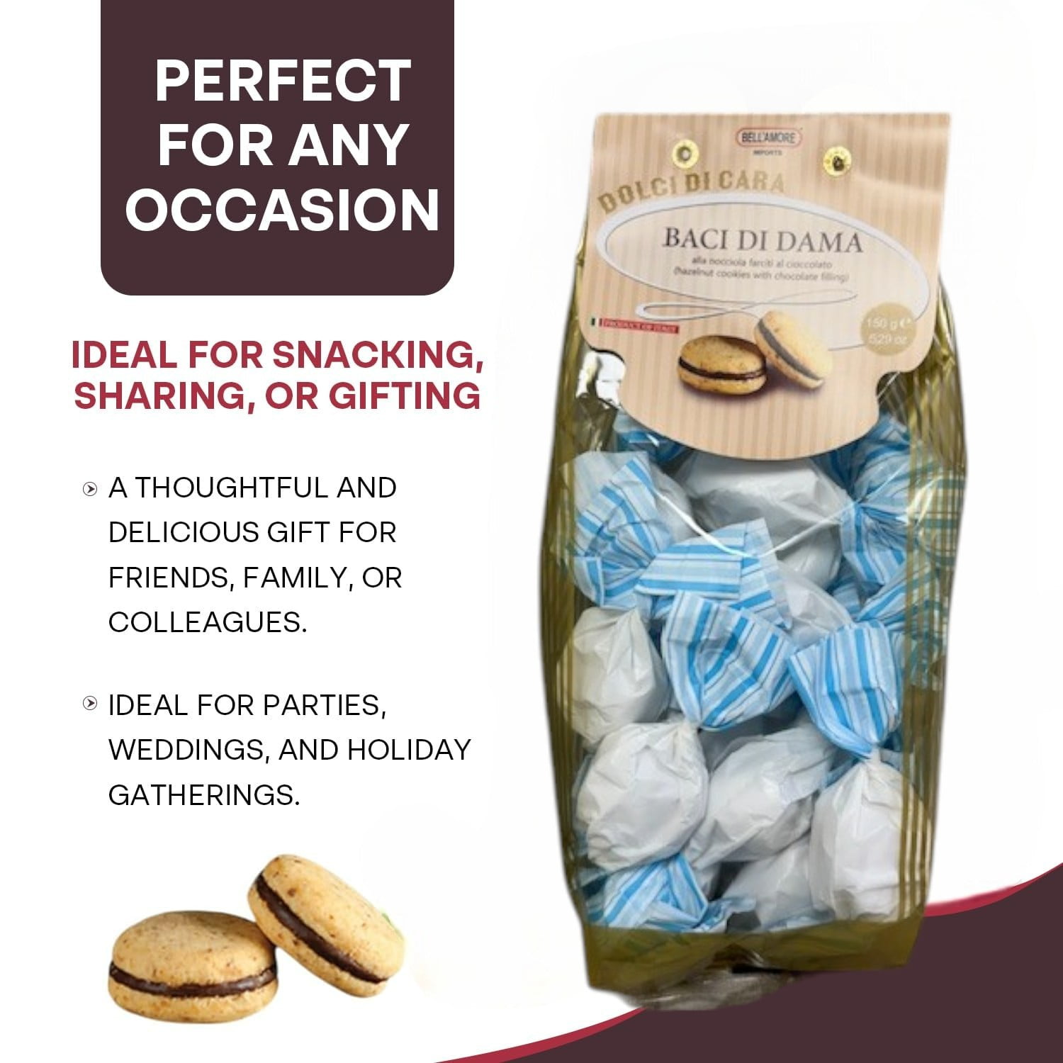 Italian Amaretti Cookies, Soft Almond Cookies Filled with Rich Chocolate Cream, 300g (2 x 150g bags), Made in Italy - Baci Di Dama