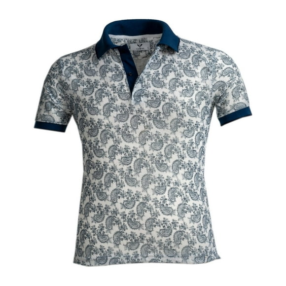 Men's White and Blue Paisley Slim Fit Polo Shirts - 100% Soft Cotton, Medium