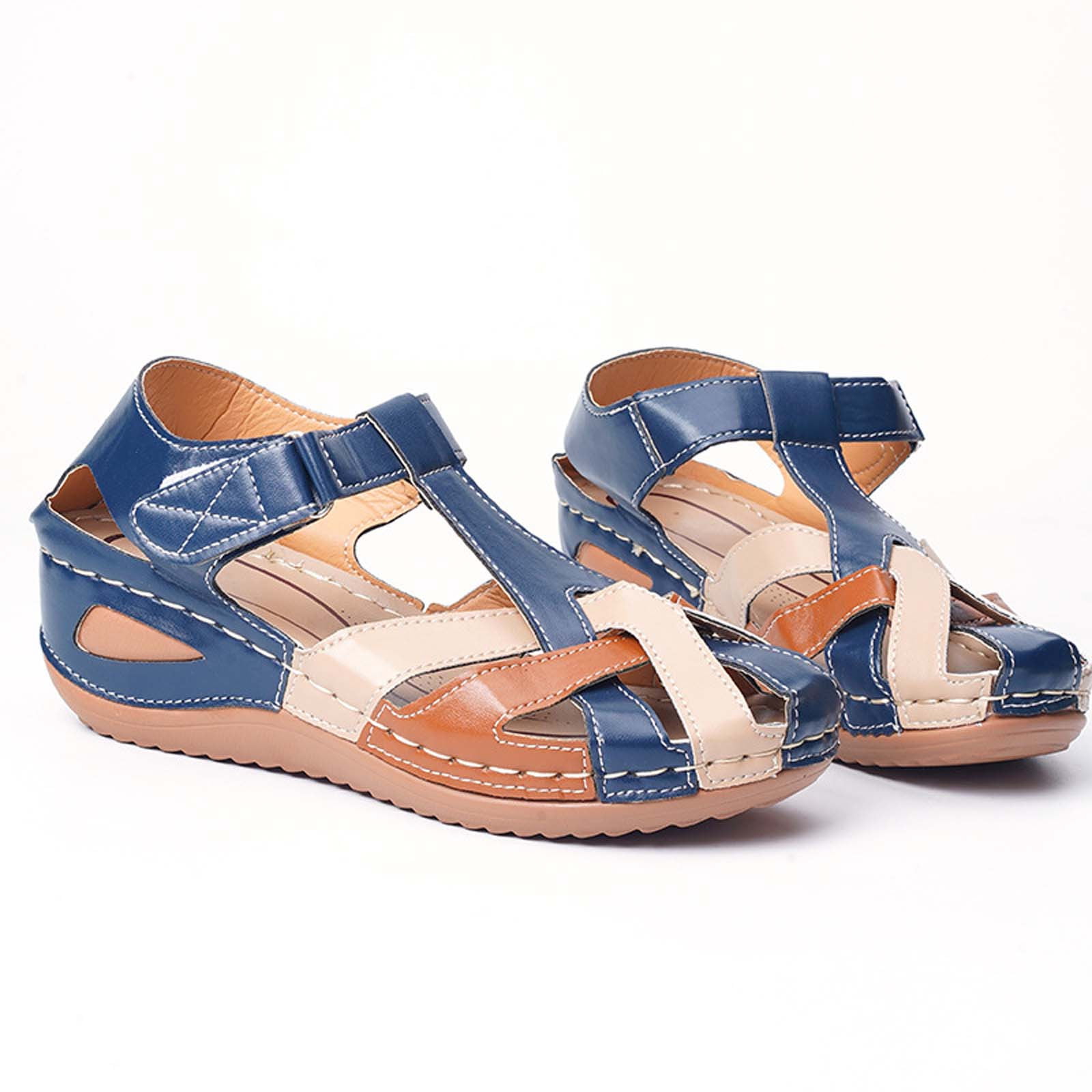 Summer Flats for Women Casual,Solid Strappy Platform Sandals Close Toe Wedge Sandals Comfy Shoes Womens Sandals Outdoor