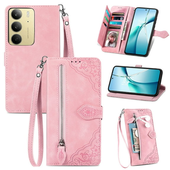 Phone Case for Realme C75, Shockproof PU Leather Wallet Case with Card Slots Anti-Scratch Stand Magnetic Flip Zipper Pocket Cover for Realme C75, Pink