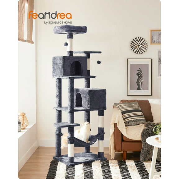 Feandrea Árbol para Gatos de 191 cm de Altura, 60 x 49 x 191 cm, Rascador para Gatos con 5 Postes, Felpa Multicapa, Gris Ahumado