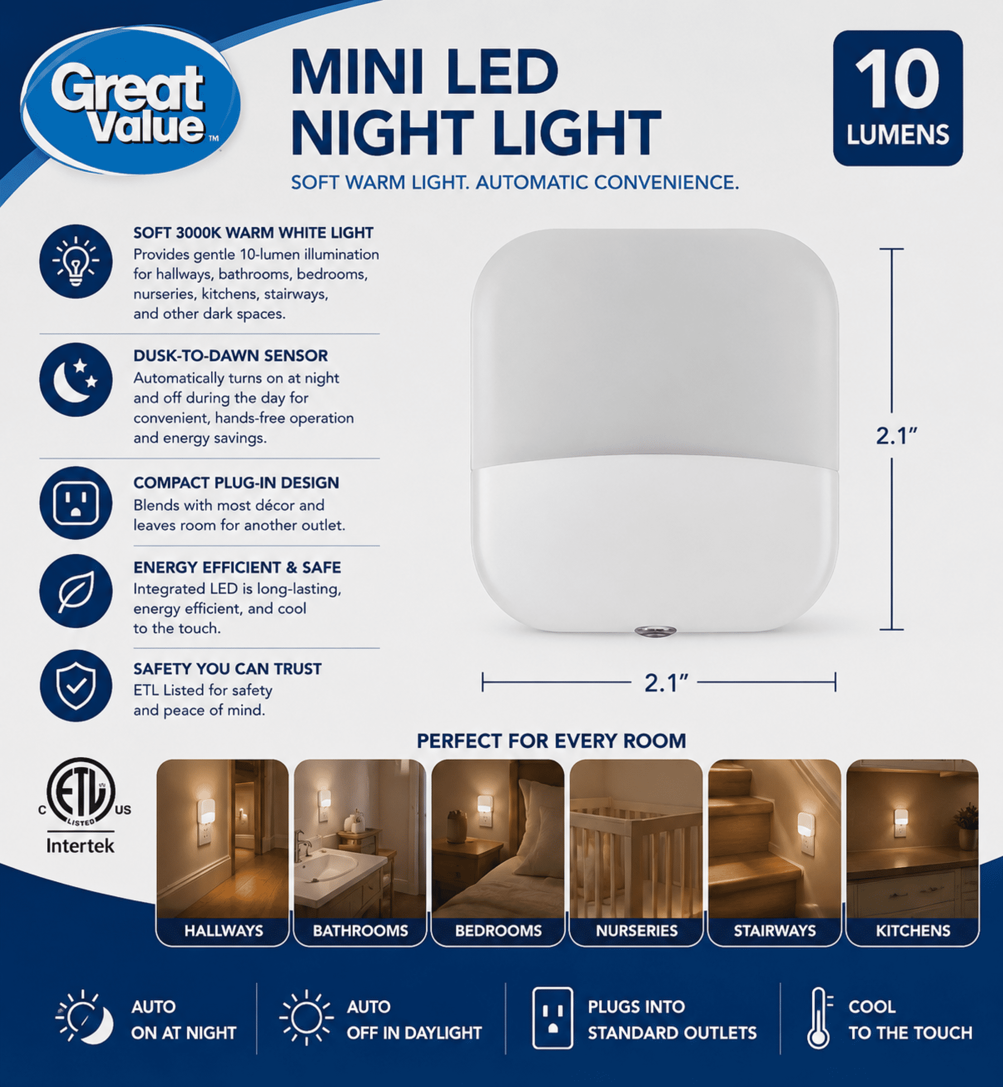 Great Value Plug-In LED Mini Night Light, Dusk-to-Dawn Sensor, 3000K Warm White, Energy Efficient, Automatic On/Off, 1 Pack