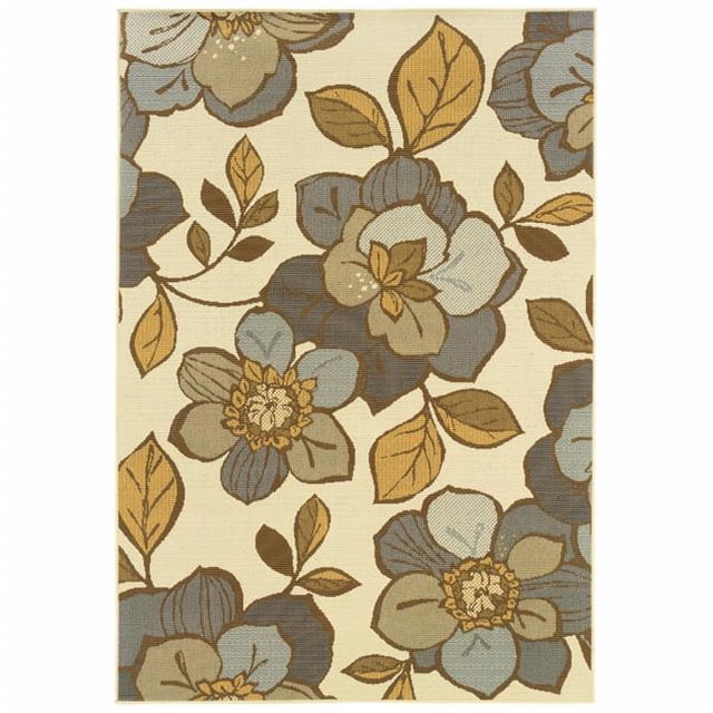 Tapis d'Intérieur et d'Extérieur 6 x 9 Pi. Ivoire et Gris à Grandes Fleurs