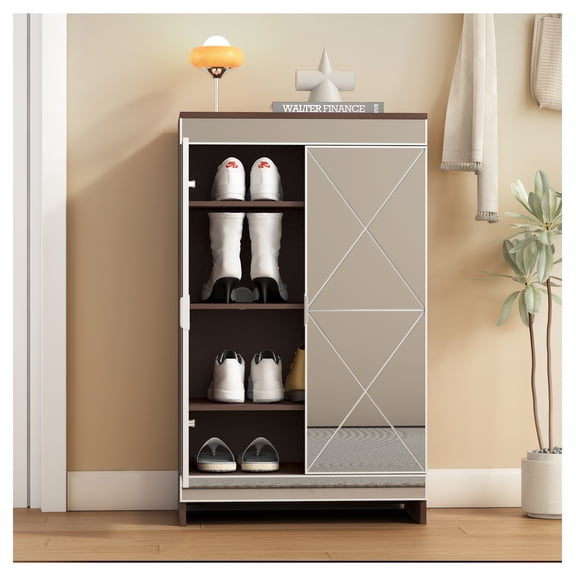 Decor Mirrored Cabinet with Silver Edging,Mirrored Cabinet with Double Door Storage,Shoe Storage Cabinet for Entryway,Glass Brown Finish