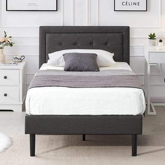 VECELO Twin Size Platform Bed Frame with Upholstered Adjustable Headboard, No Box Spring Needed, Gray