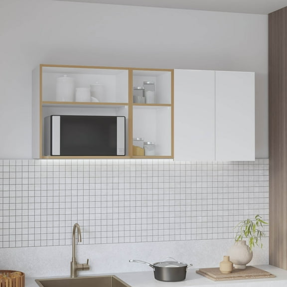 Corinto 59" Wide Two - Door Wall Cabinet with Four Shelves, Drying Rack Dish for Kitchen, Garage, Laundry Room White - Natural Oak