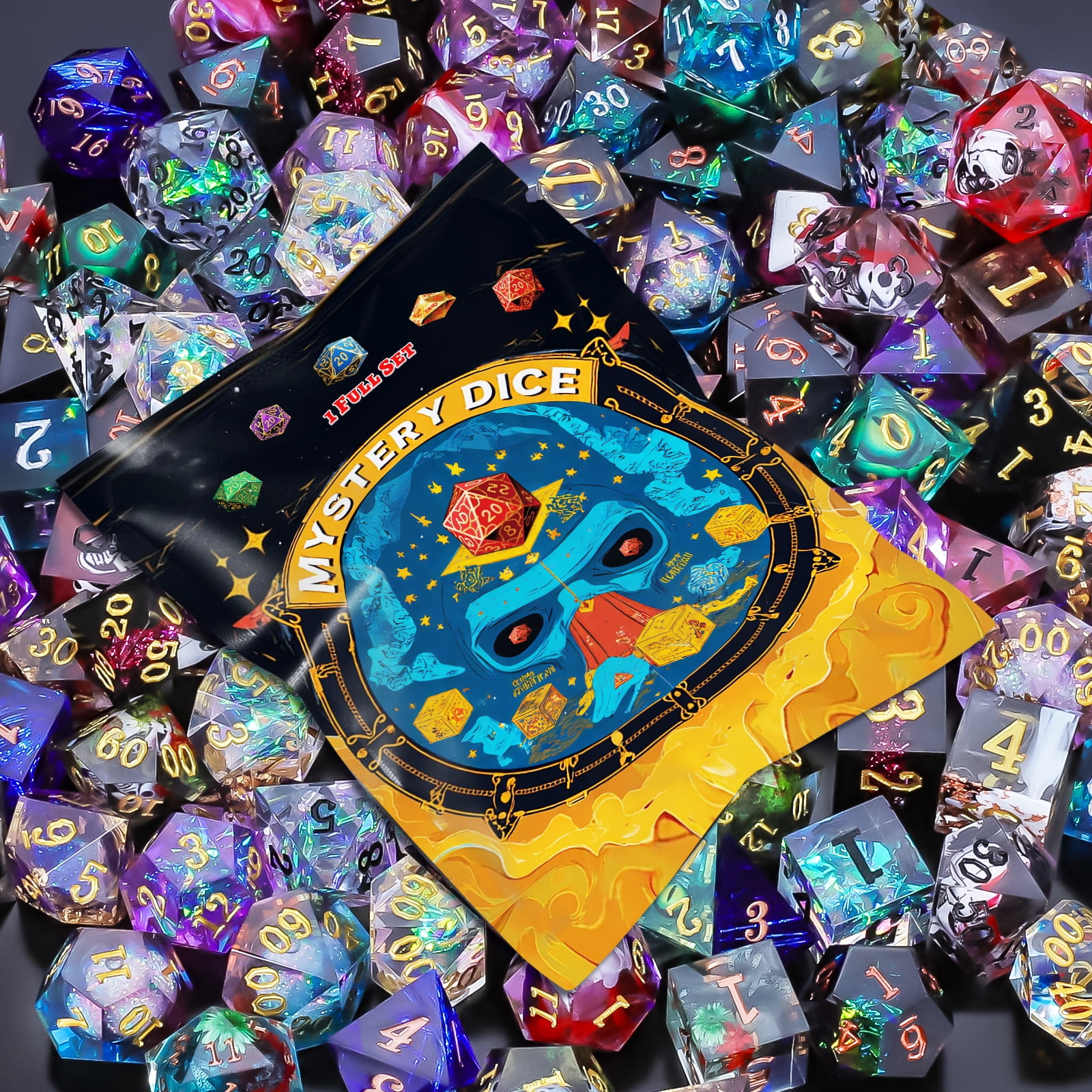 CiaraQ Resin Mystery Dice Set, 7 Pcs Handmade Sharp Edge Polyhedral Dice, Random Various Styles DND Dice & Dice Bag, DND Gifts,