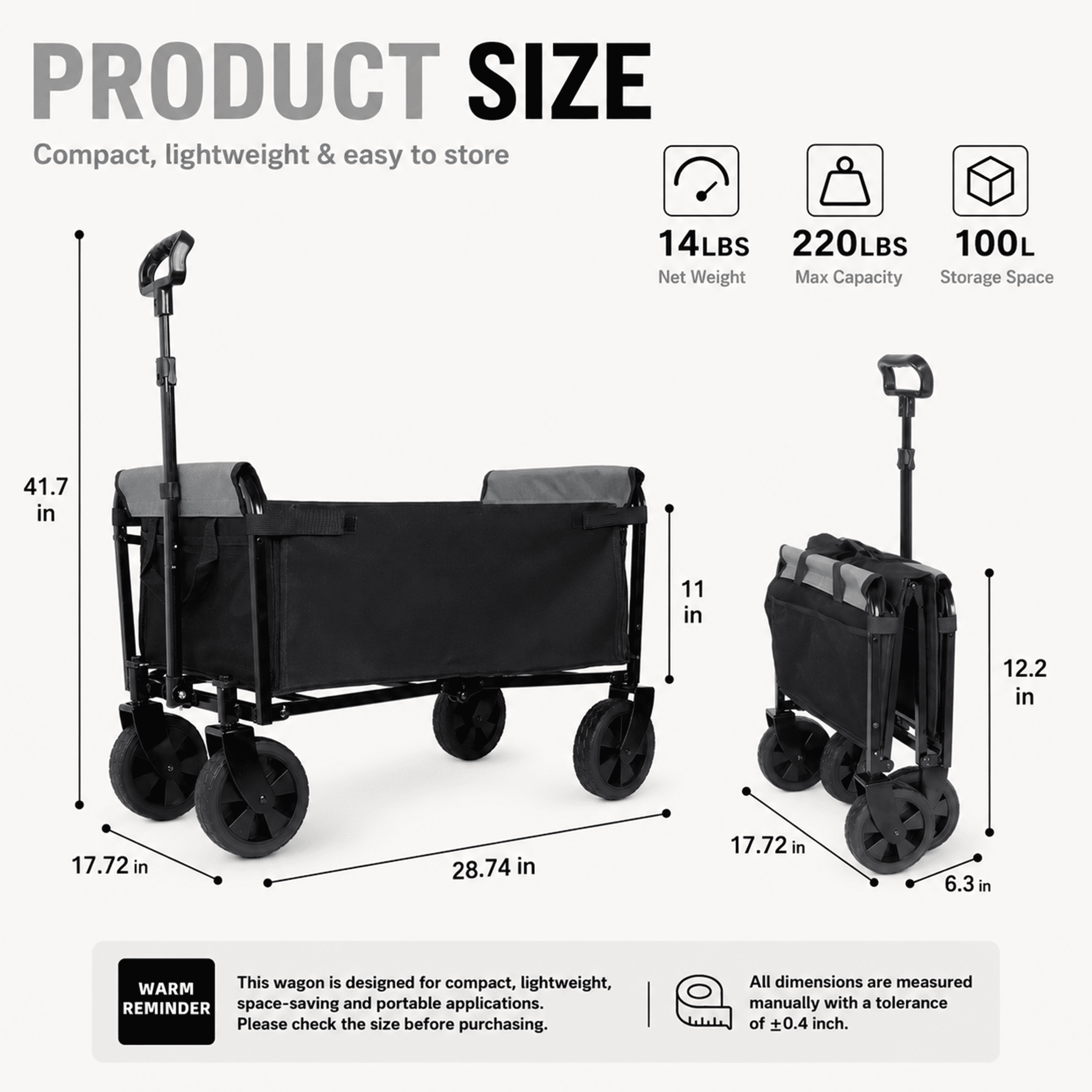 3-in-1 Collapsible Wagon with Wheels, 220 lbs Lightweight Folding Utility Cart with Cup Holders, Pet Wagon, Trunk Organizer for Groceries, Camping, Shopping, Black
