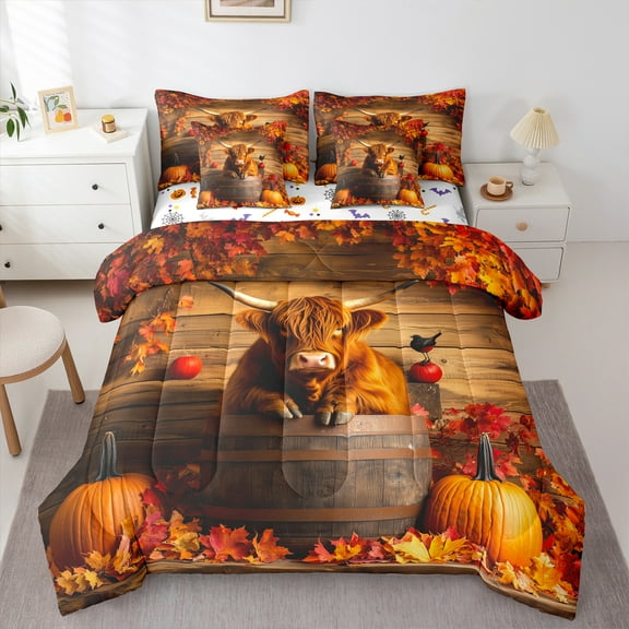 Manfei Brown Highland Cattle 7-Piece Twin Bedding Sets,Autumn Pumpkin Maples Bedding Comforter Set,Hello Fall Sheet Sets For Child,Ultra Soft Home Decor Reversible
