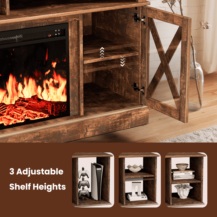 Electric Fireplace TV Stand for 75 inch TVs Farmhouse TV Console with 23″ Fireplace, Vintage Brown