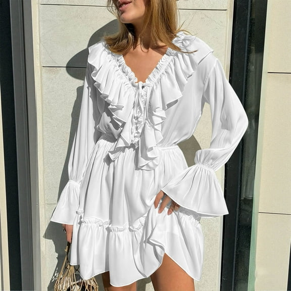 Qulqfy Wedding Guest Dresses for Women Long Sleeve Mini White V Neck Ruffle Tiered Party Dresses Dresses for Women L
