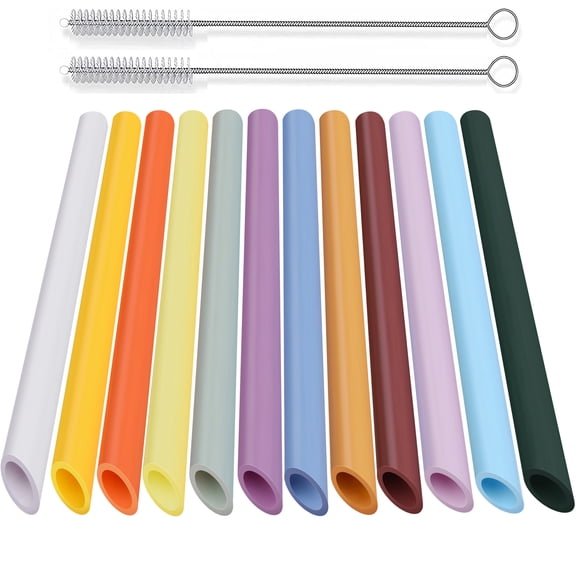 24-Pack Reusable Plastic Boba Straws, 13 mm x 10.5 inch Long Wide Clear Smoothie Straws for Bubble Tea, Tapioca Pearls, Milkshakes with 2 Cleaning Brush - Pointed Design