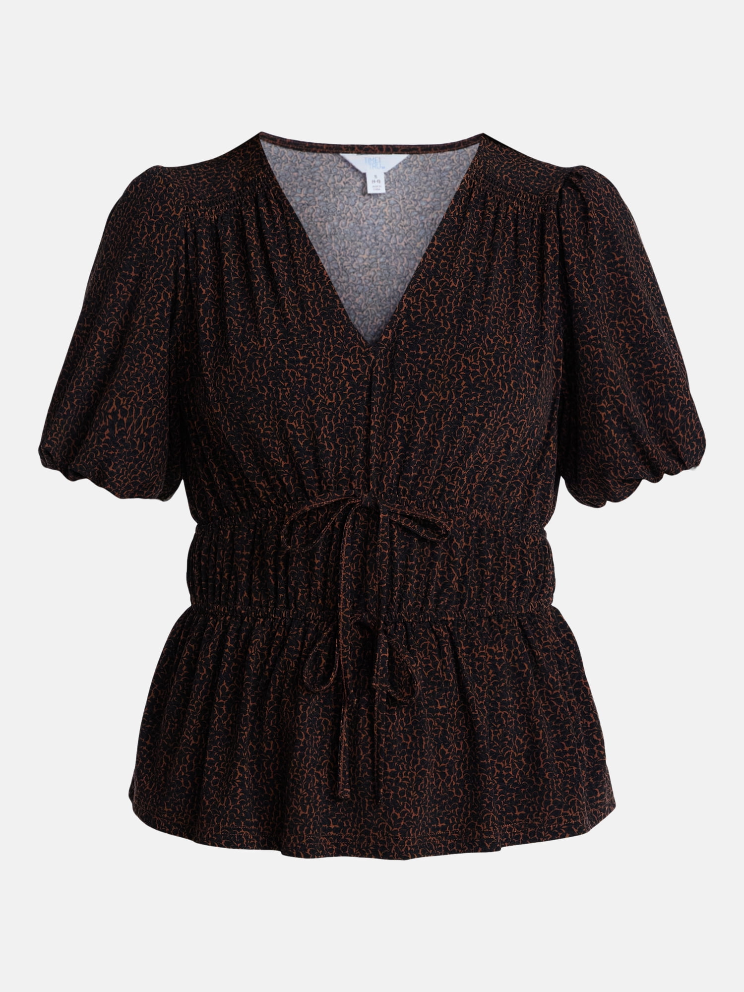 Time and Tru Women's and Women's Plus V Neck Shirred Peplum Top, Sizes XS-XXXL