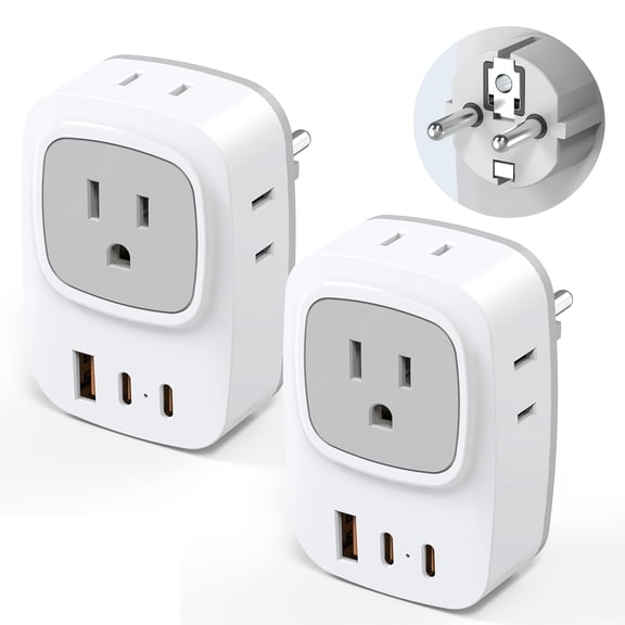 JcBlaon 2 Pack Type E F Plug Adapter Usb C, Germany France Power Adaptor with 3 Usb Charger Ports, 4 AC Outlets Travel Plug for US to Europe