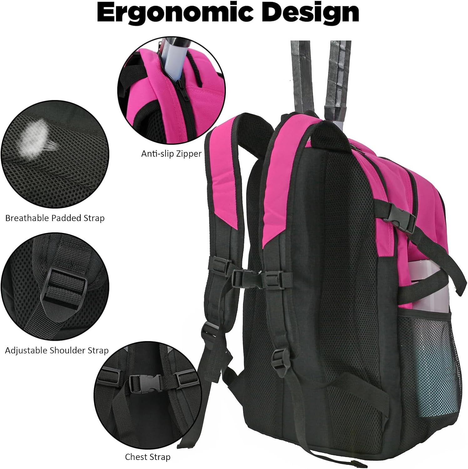 WOLT | Tennis Racket Sports Backpack Bag--34L Capacity Polyester with Ventilated Shoe Compartment Pink