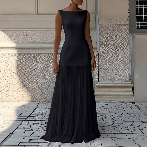 Women Midi Casual Dress, Elegant Pleated Sleeveless Long Dress, Midi Dress for Special Occasions, Black - L