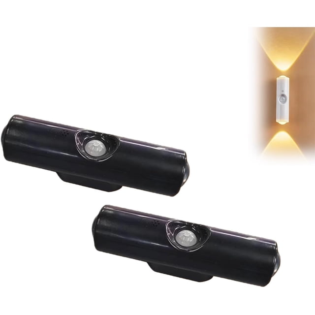 Rechargeable Smart Led Motion Sensor Ambient Light, Punch-Free Color Changing Motion Sensor Light for Stairs, Rechargeable RGB Led Wall Lamp, for Stairs, Wardrobe, Cabinet (Black 2PCS,3-Color)