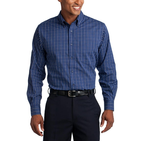 Just Blanks Tattersall Easy Care Shirt Button-Down Collar With Bias-Cut Details Inside Collar Stand, Navy/White, 4XL