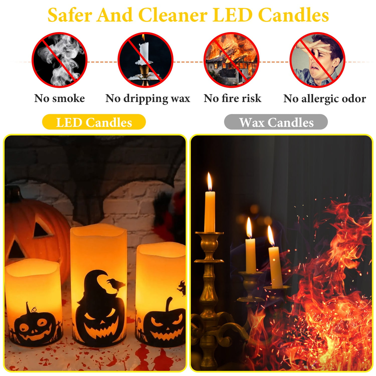 3Pcs Halloween Flameless Warm Orange Light Candle Lamp  Battery Operated Candles w/ Timer Setting