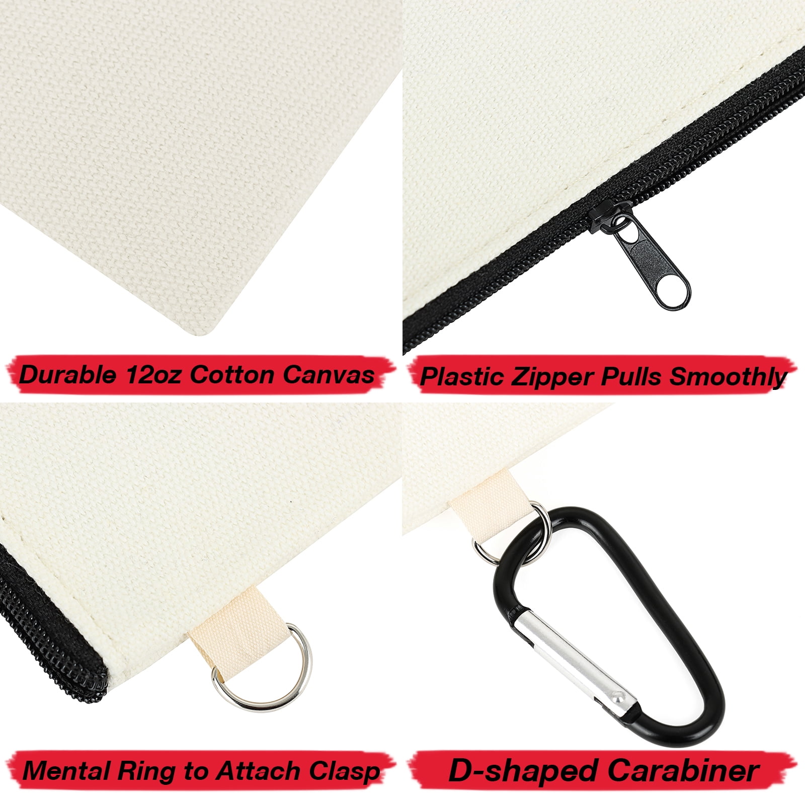 Muka 12 Pack Canvas Zipper Pouch with Metal Carabiner, Black Pencil Case 7-3/4 x 4-1/2 Inches