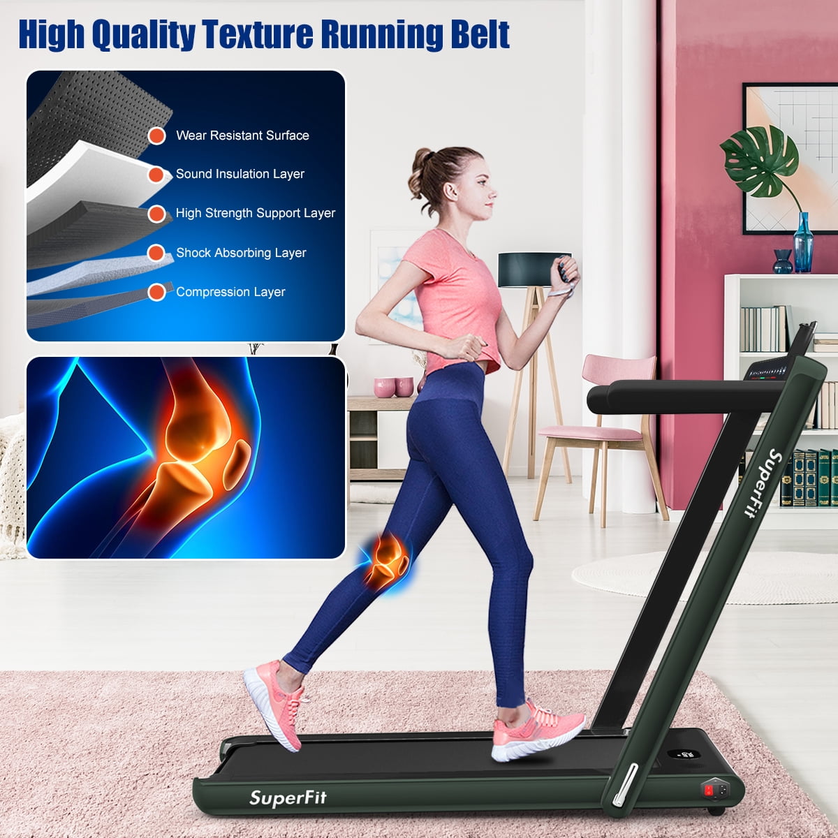 Gymax 2 in 1 Folding Treadmill 2.25HP Running Machine w/ Dual Display Green