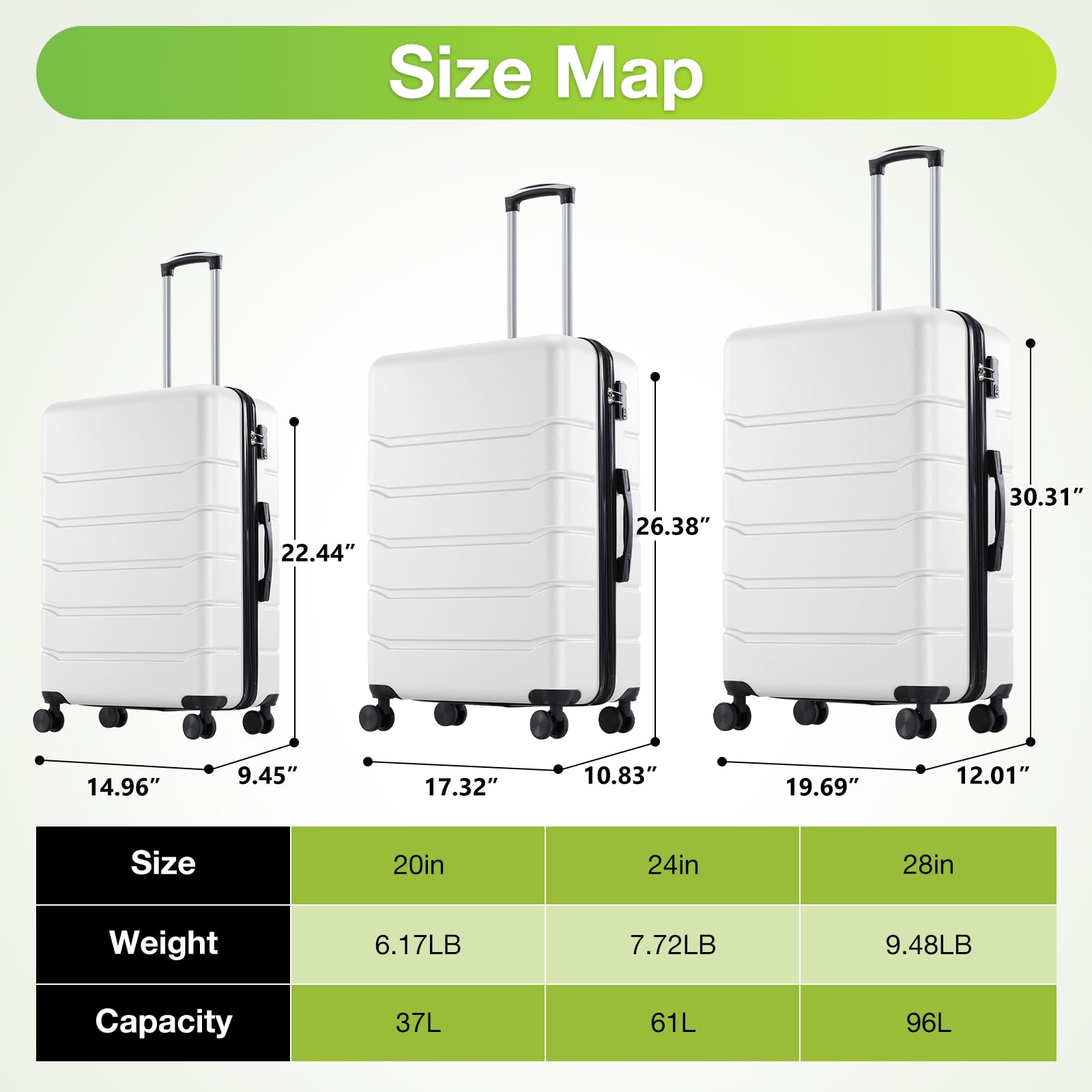 JIOABL 20 Inch Luggage with Spinner Wheels, Hardside Expandable Rolling Luggage with TSA Lock, White
