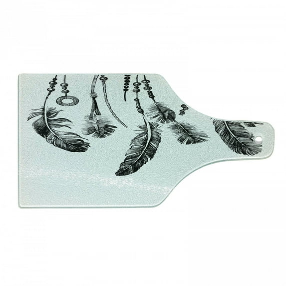 Tribal Cutting Board, Tribal Feathers for Wisdom and Strength, Decorative Tempered Glass Cutting and Serving Board, Wine Bottle Shape, White and Black, by Ambesonne