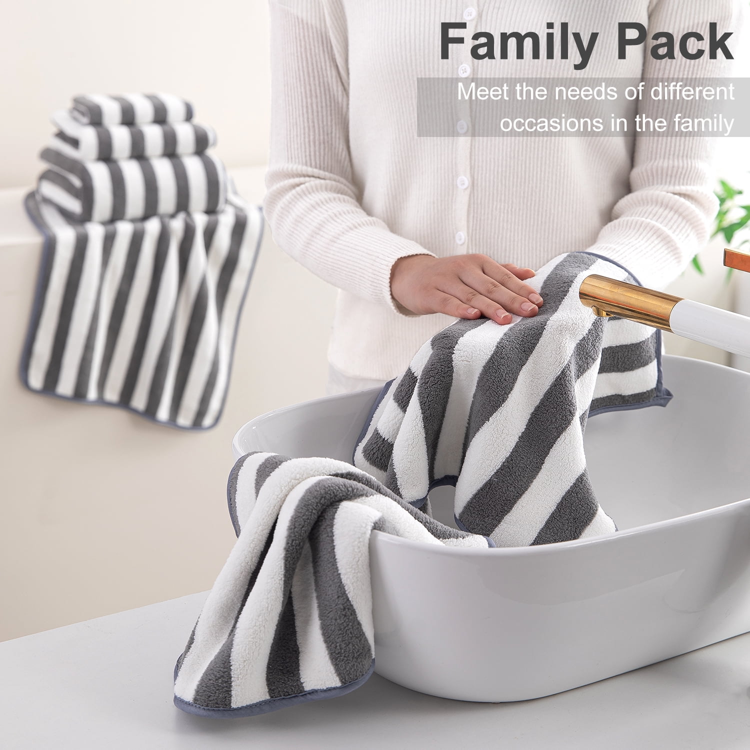 Smuge 12 Pcs Stripe Family Bath Towels Set - 4 Bath Sheet Towels, 4 Hand Towels, 4 Washcloths, Microfiber Soft Shower Towel for Bathroom Gym Spa(Dark Gray)