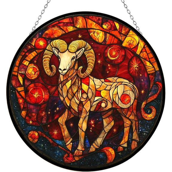 Boho Aries The Ram Stained Glass Suncatcher 4 Season Colorful Window Wall Ornament Hand-Painted Glass Panel Decor Gift for Women Christmas Thanksgiving Gift
