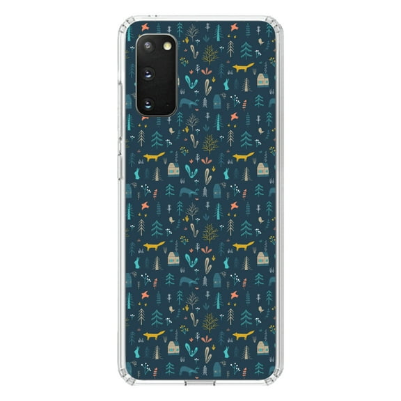 DistinctInk Clear Shockproof Hybrid Case for Galaxy S20 ULTRA / 5G (6.9" Screen) - TPU Bumper, Acrylic Back, Tempered Glass Screen Protector - Modern Floral - Navy - House, Deer, Tree