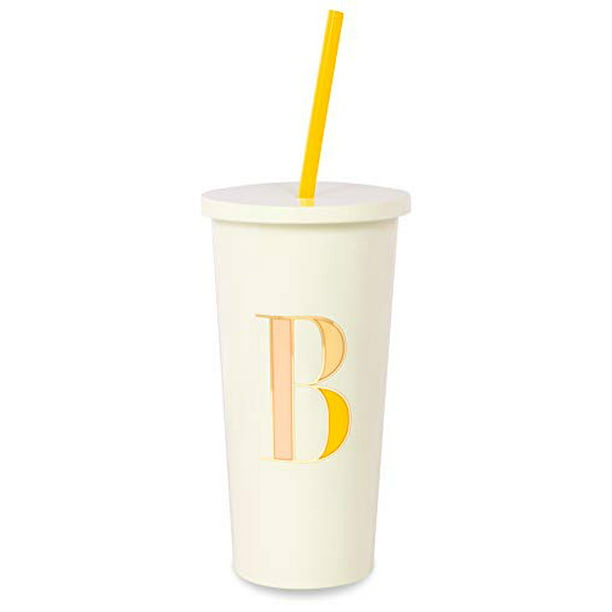 Kate Spade New York Insulated Initial Tumbler with Reusable Straw, 20 Ounce  Acrylic Travel Cup with Lid, B (Yellow) 
