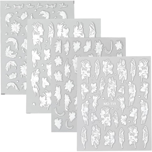 1 Box 4 Sheets Flower Nail Art Stickers White 5D Spring Embossed Nail Art Stickers Self Adhesive Toenail Decals Floral Pattern PET Material