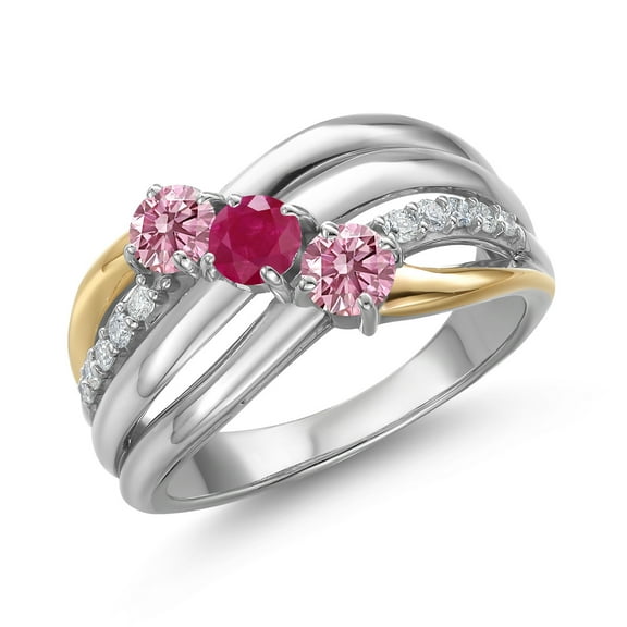Gem Stone King 925 Silver and 10K Yellow Gold Pink Lab Grown Diamond and Red Ruby and Lab Grown Diamond Engagement Ring for Women | 1.00 Cttw | Round 4MM | April Birthstone | Size 9