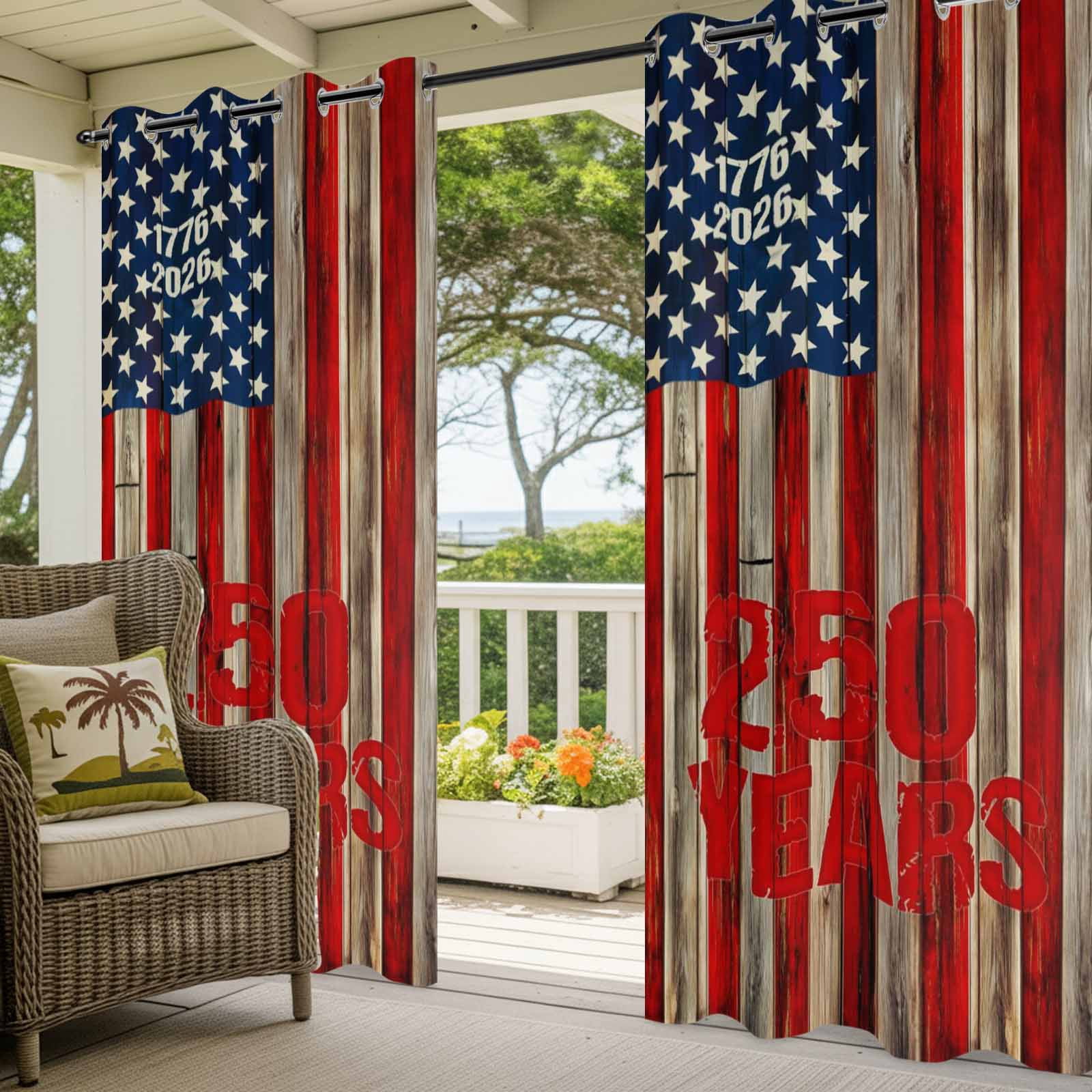 America Years Outdoor Curtains for Patio, Independence Day Patriotic Red Blue Flag Wood Grain Sunshade Privacy Drapes Grommet Waterproof Outside Curtains for Porch/Cabana/Balcony 54"x 108", 1 Panel