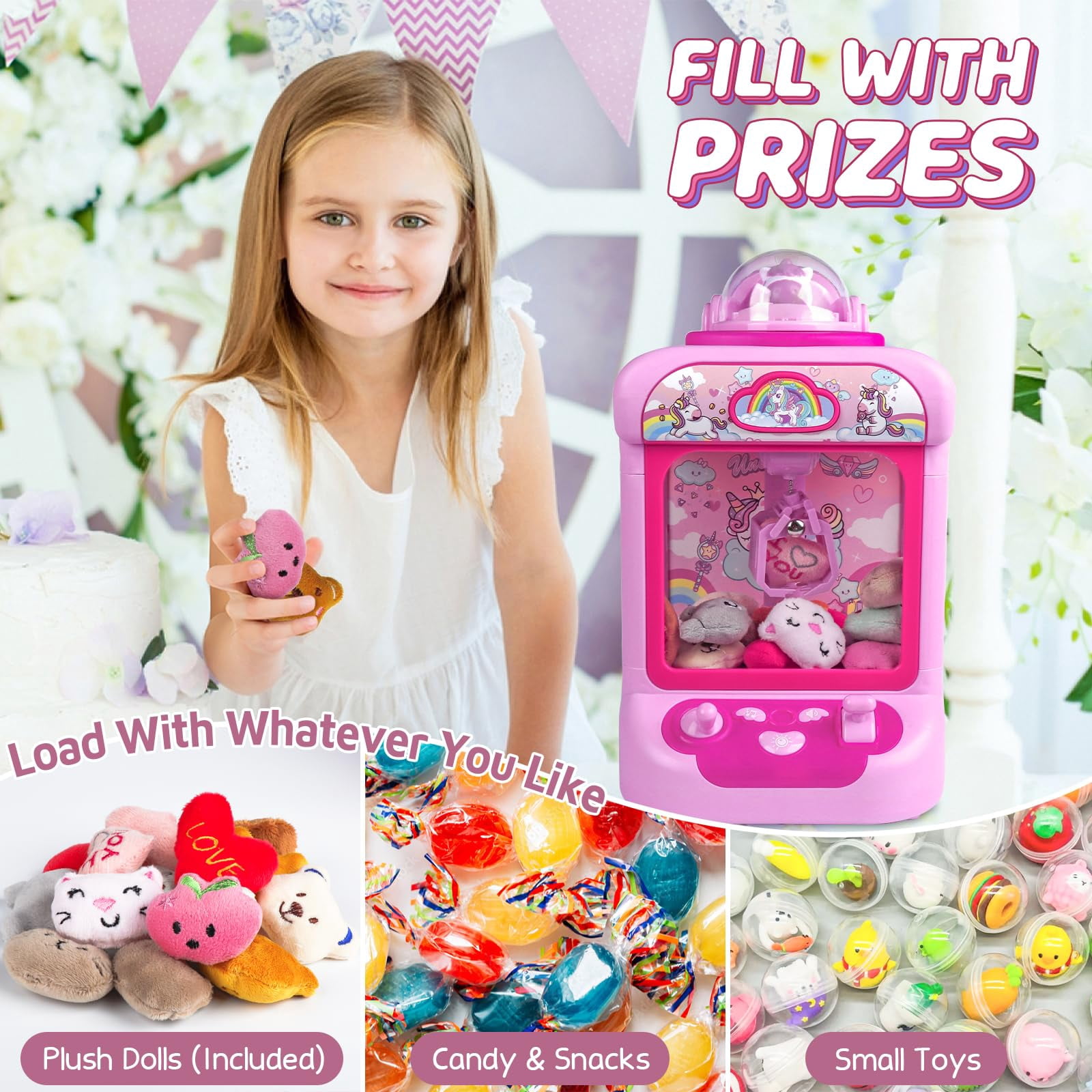 ToyM Claw Machine for Kids, Mini Vending Machine Girls Unicorn Toys, Candy Grabber Prize Dispenser with Sound & 20 Mini Plush Toys, Electronic Arcade Game Indoor Toy for Home Party Birthday Gifts