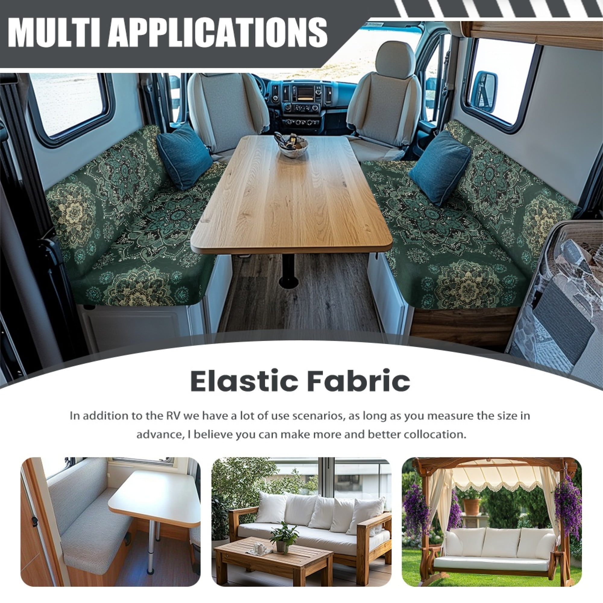 FOR U DESIGNS Boho Mandala Green Pattern 2 Pack RV Dinette Cushion Covers Washable Camper Cushion Slipcover Scratch-Resistant Sofa Chair Cover Camper Seat Covers Dinette Booth
